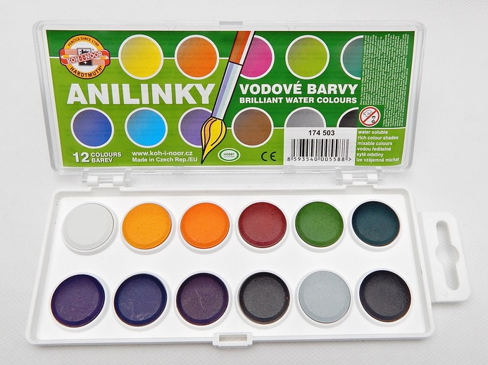 Anilinky vodovky - brilantní anilinové vodové barvy Koh-I-Noor - 12 barev