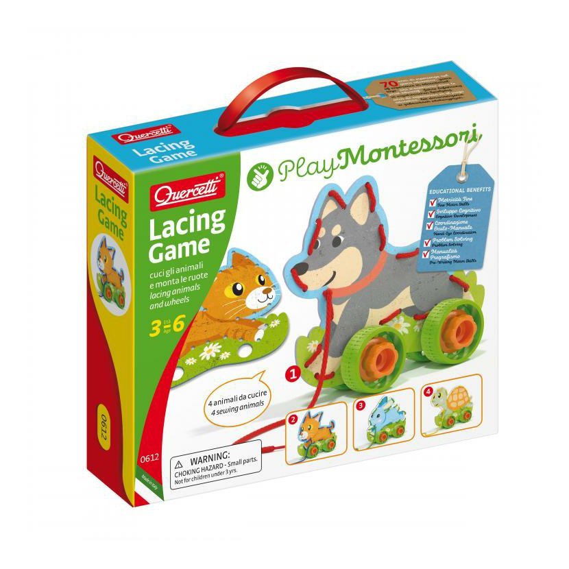 Quercetti Montessori Lacing Game - lacing animals & wheels – šněrovací zvířátka s kolečky