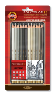 Umělecké pastelky 12 ks Koh-I-Noor Polycolor 3822/12 Šedá řada - Grey Line