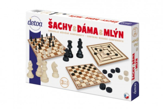 Šachy,dáma, mlýn dřevěné figurky a kameny společenská hra